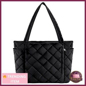 Large Puffer Tote Bag with Zipper, Quilted Taslan Fabric for Work Travel